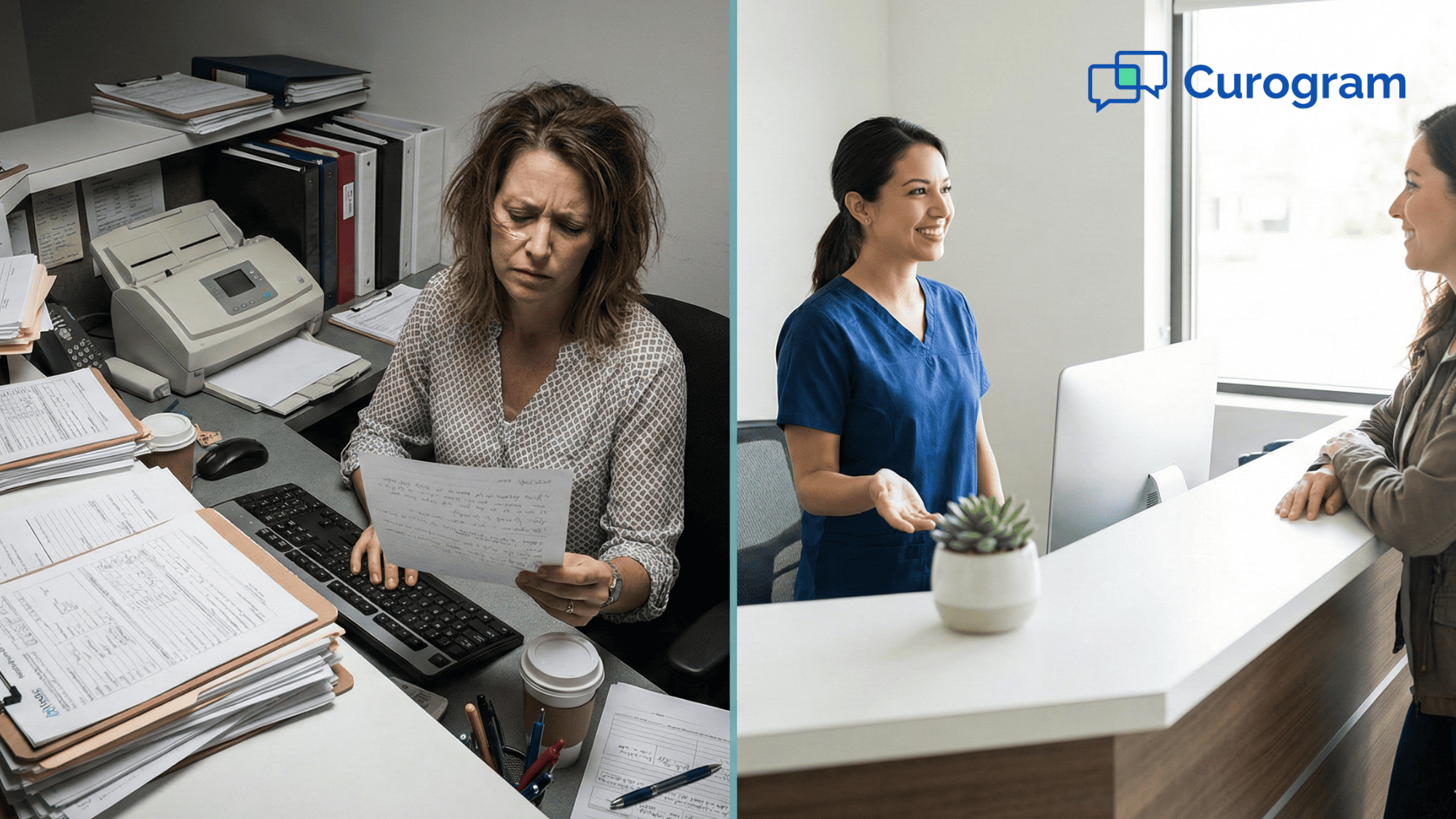 Side by side comparison of a cluttered paper-based front desk versus a clean digitally run medical office