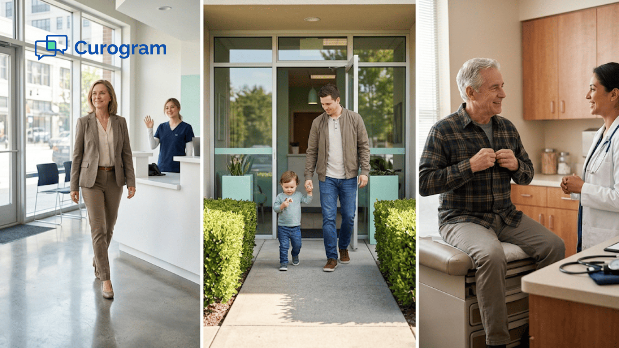 Three-panel photo of patients at downtown, suburban, and small-town clinics in the same health network