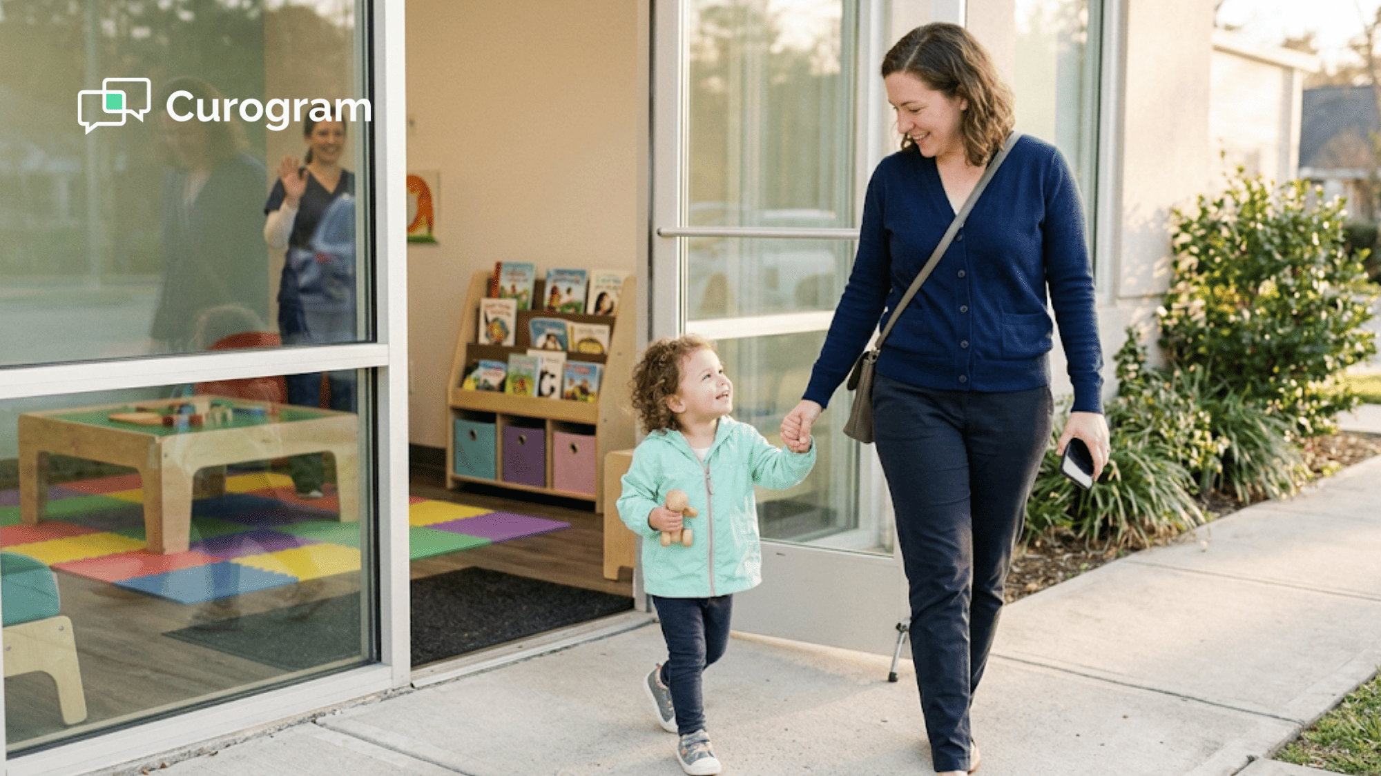Mother and toddler leave a pediatric therapy clinic hand in hand after a session in warm afternoon light