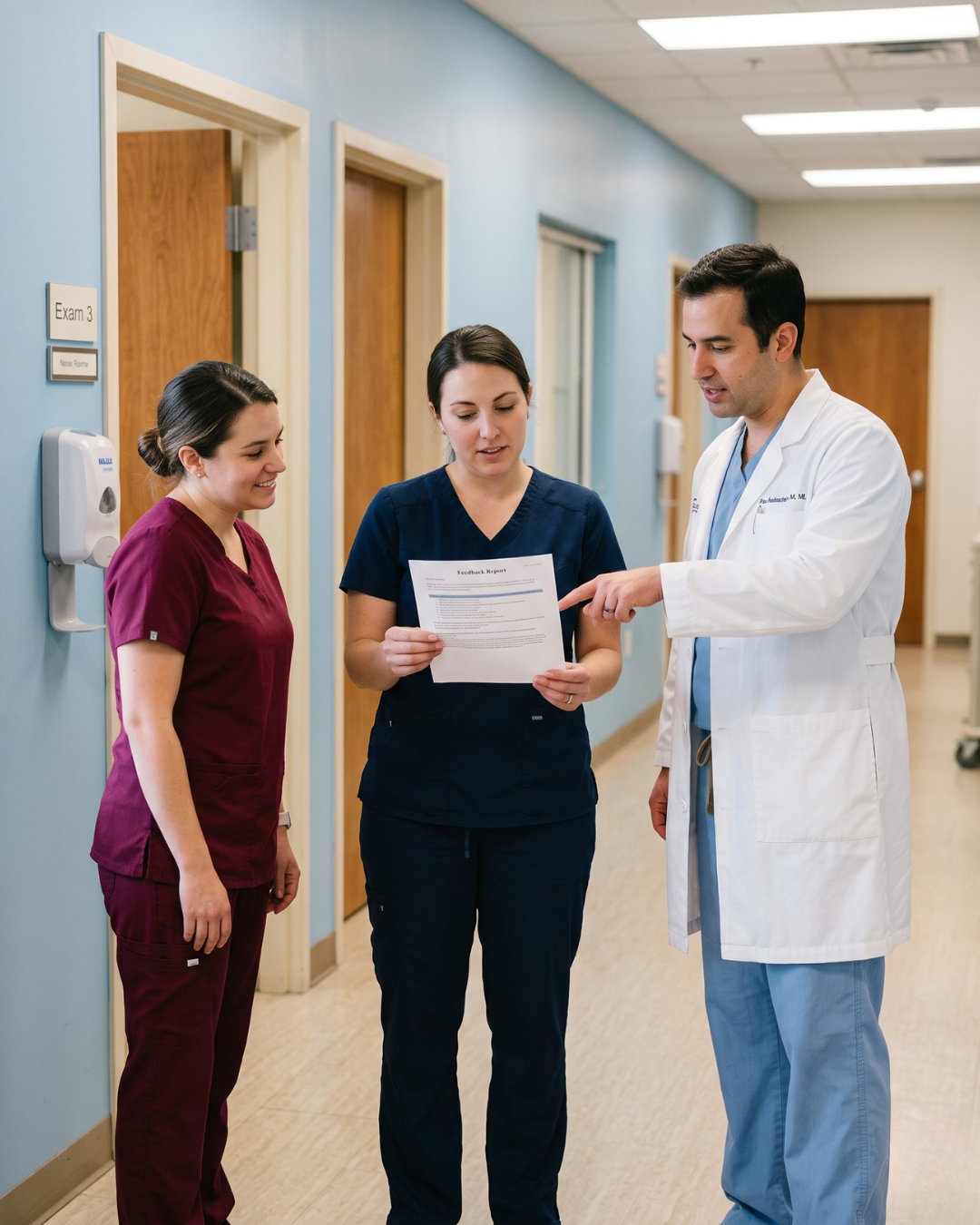 Clinic staff reviewing a printed patient feedback report together in a bright hallway