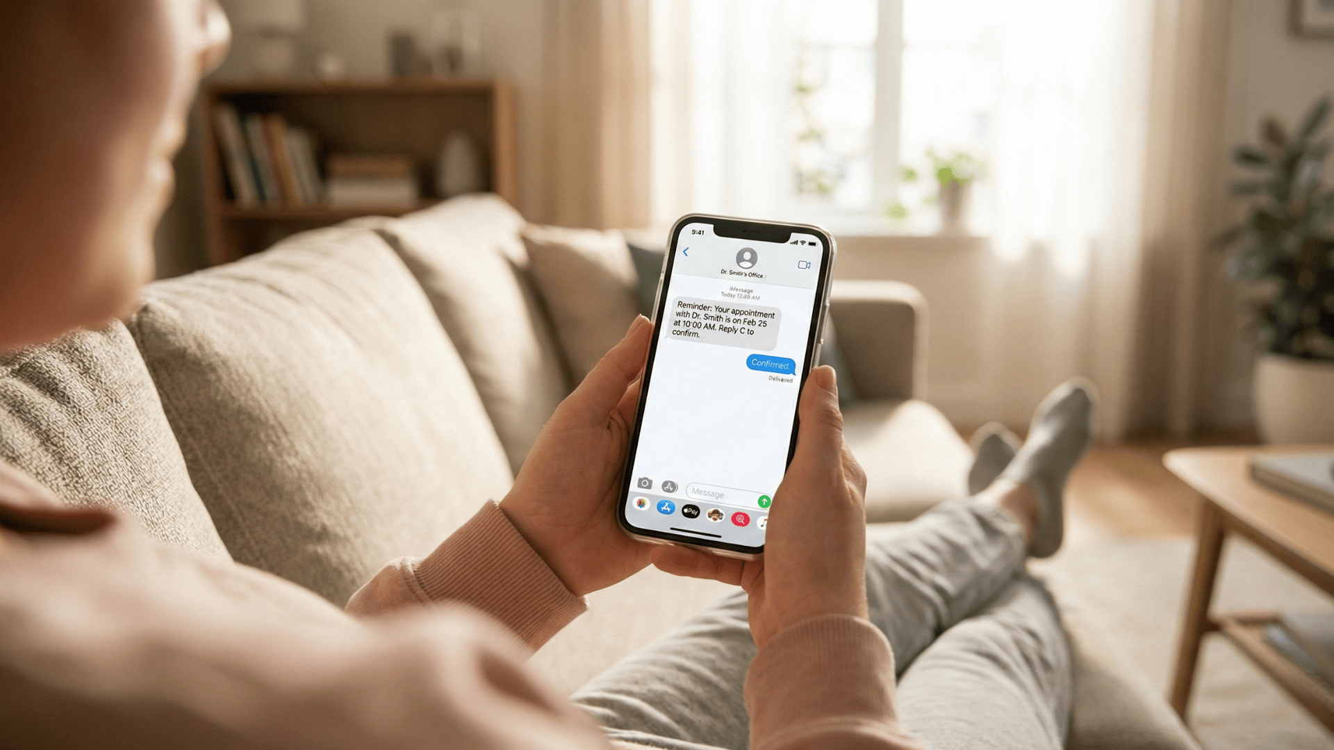 Patient confirming an appointment by replying to a secure text message from their couch at home