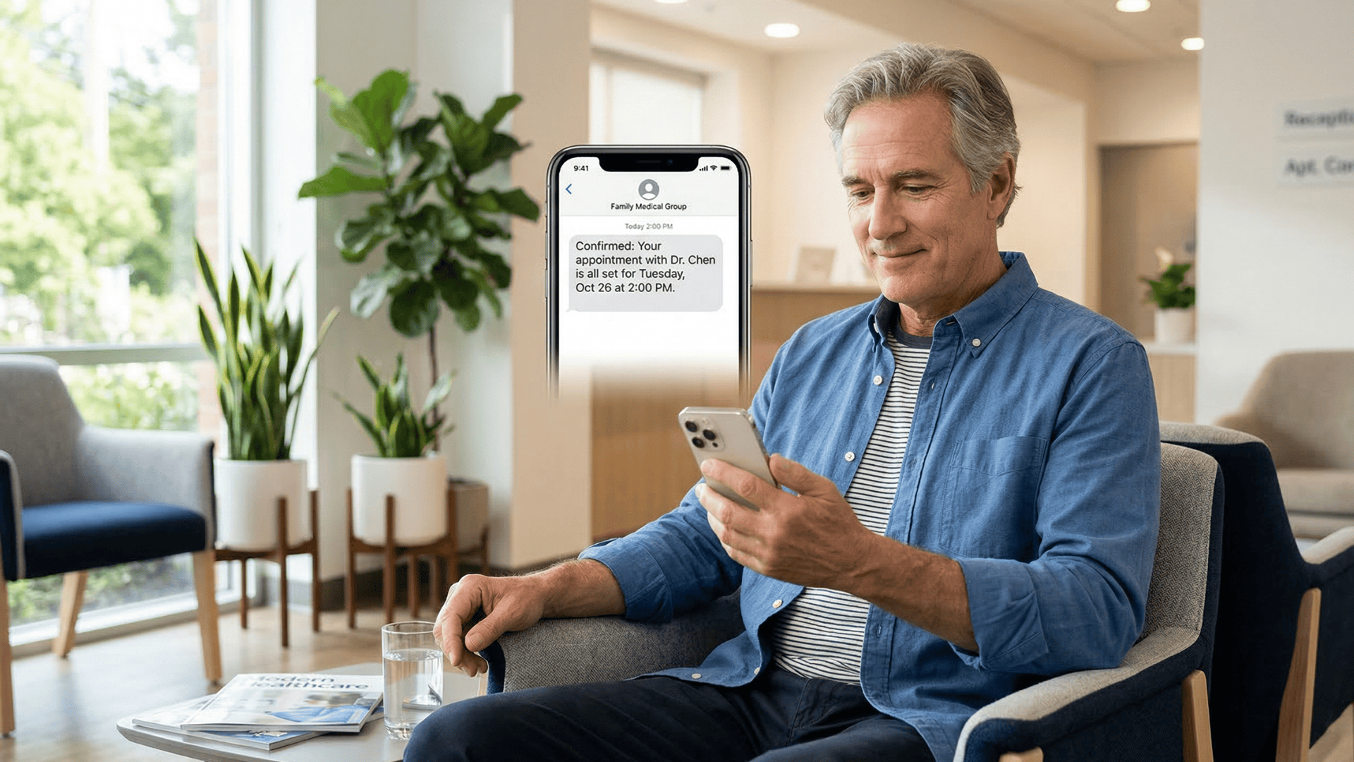 Patient reading a text from their doctor's office in a clinic waiting room