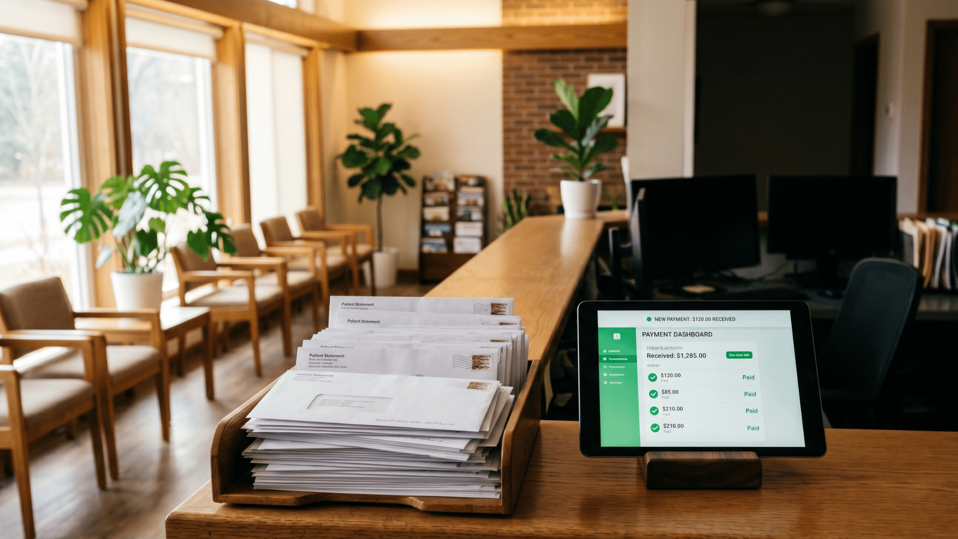 Medical practice front desk with paper statement tray beside a tablet displaying payment dashboard.