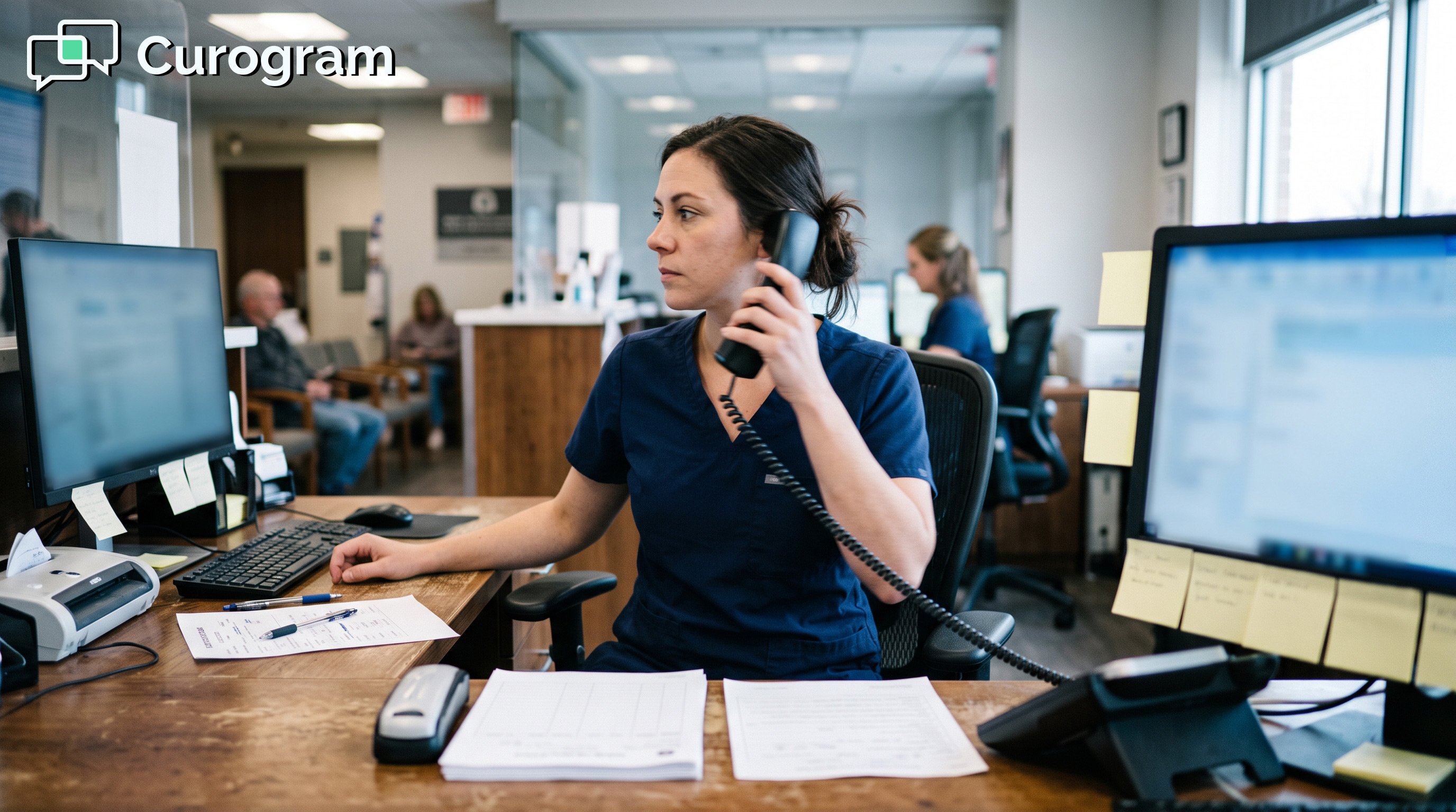 A busy medical front desk staff on the phone and looking at something in the computer