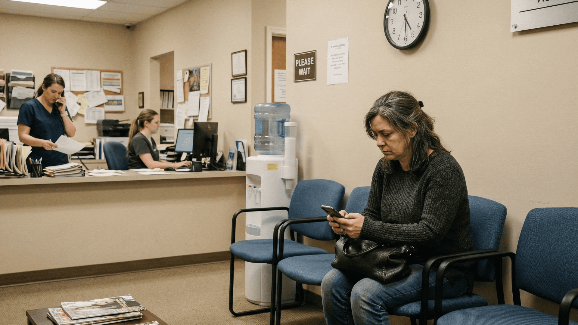 Patient waiting alone in medical office ignored by busy front desk staff in background