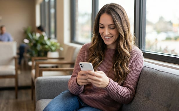 Smiling patient on a couch using her smartphone for digital healthcare texting
