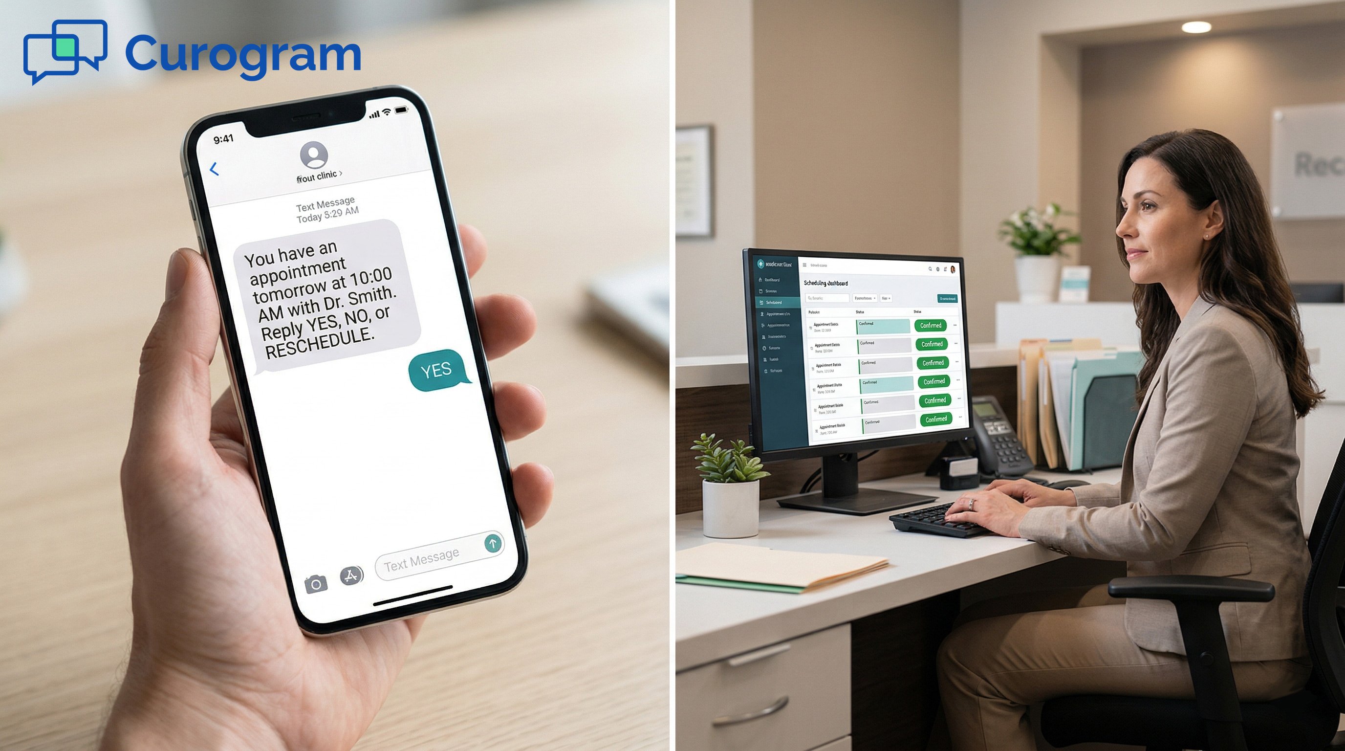 Split view: A patient confirming a medical appointment via text, and an admin seeing the updated schedule