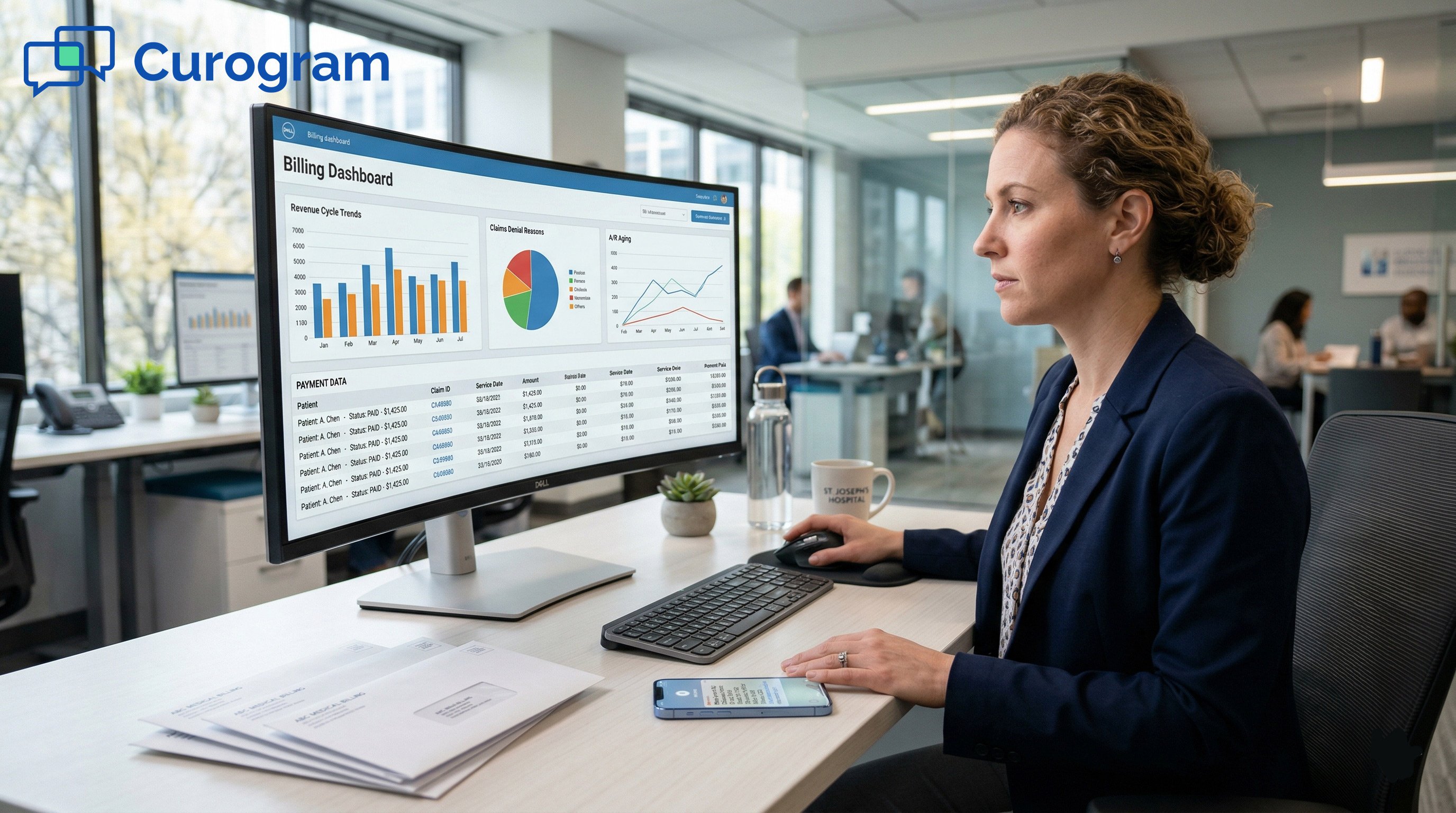 Medical billing professional analyzing a wide-screen financial dashboard