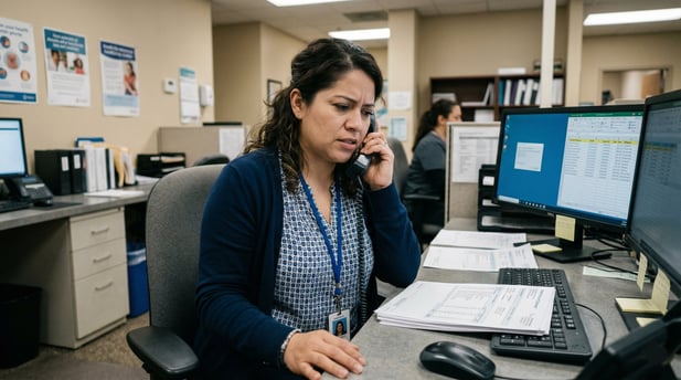 Medical billing staff member manually processing and sorting paper patient statements