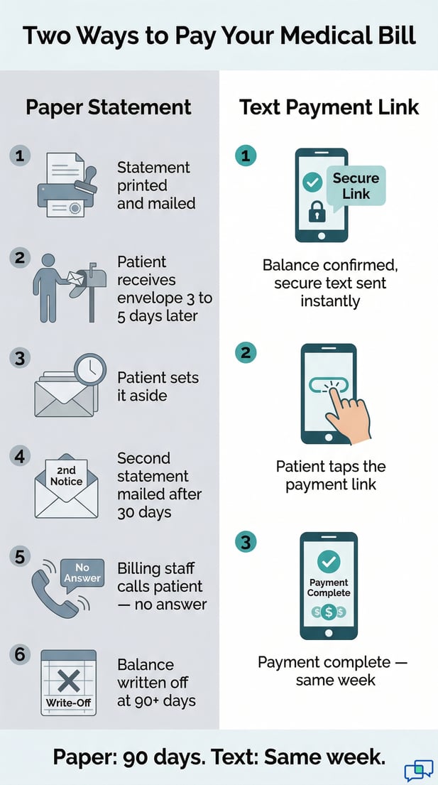 Infographic comparing 90-day paper statement vs same-week text payment for medical bills