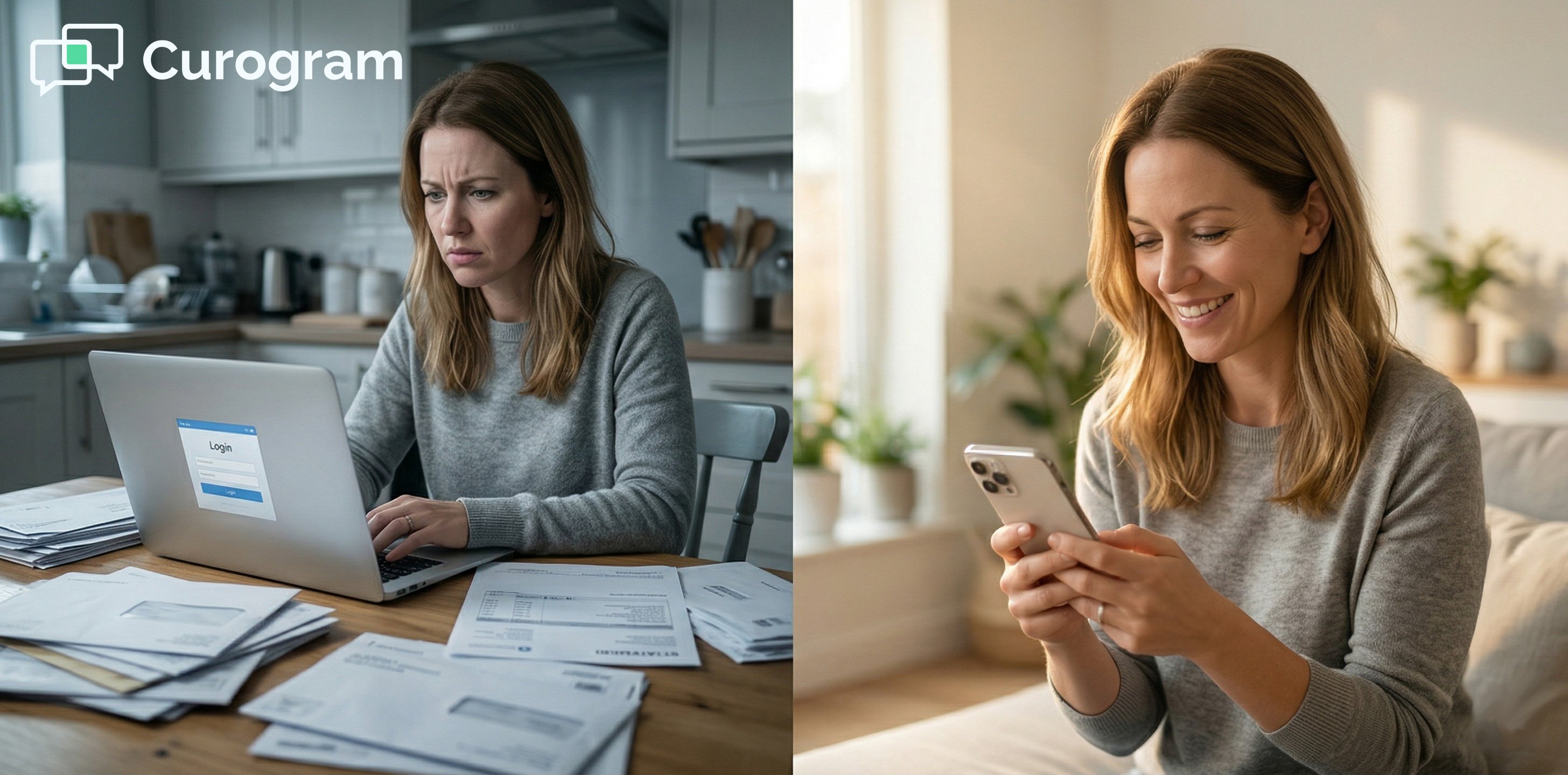 Before and after: stressed patient at a laptop vs. happy patient with mobile payment confirmation