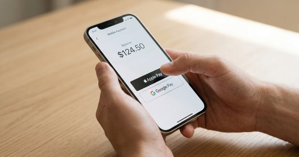 Close-up of user making a mobile bill payment using Apple Pay on an iPhone