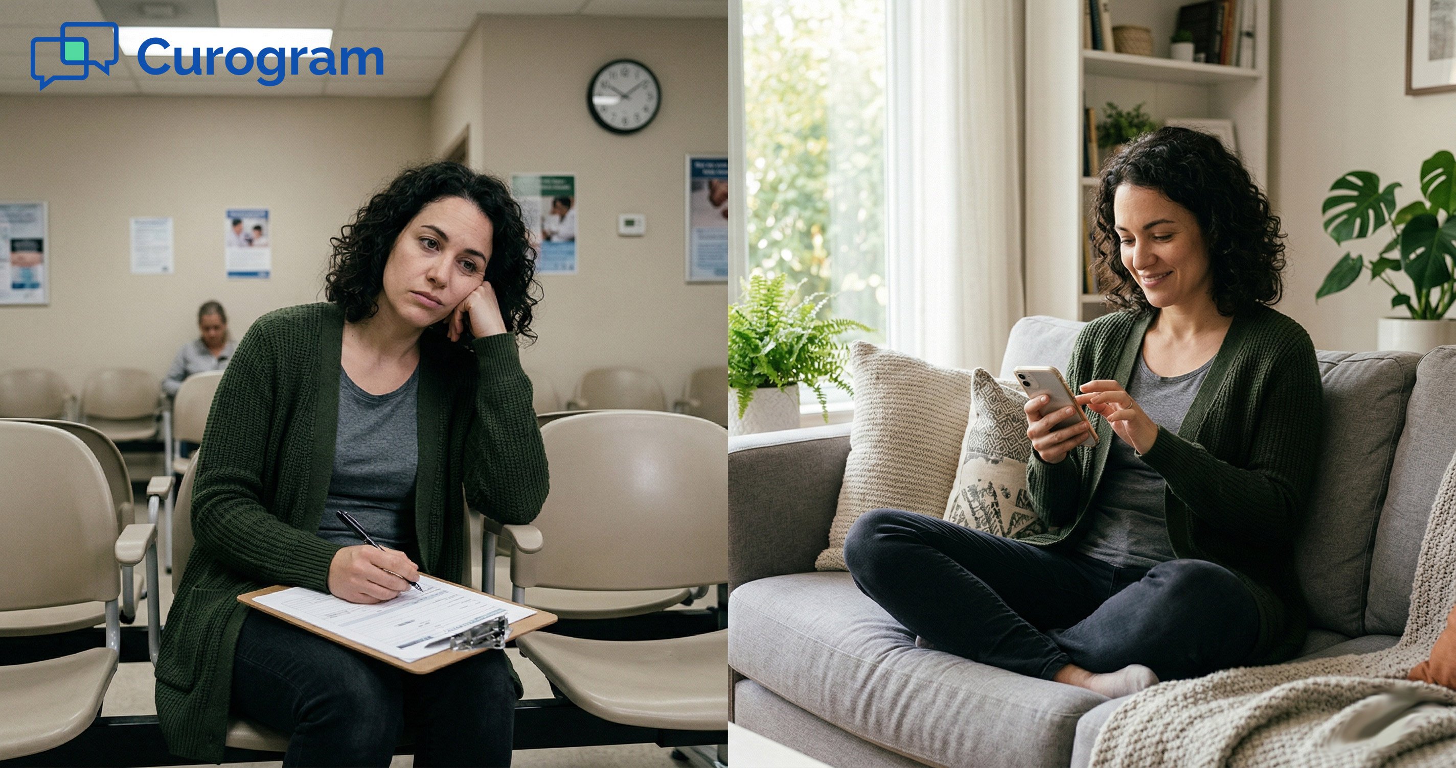 Comparing a patient tired of paperwork in a waiting room vs. relaxed with a phone at home