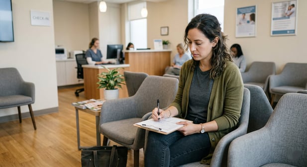 Patient filling out a medical form in the waiting room