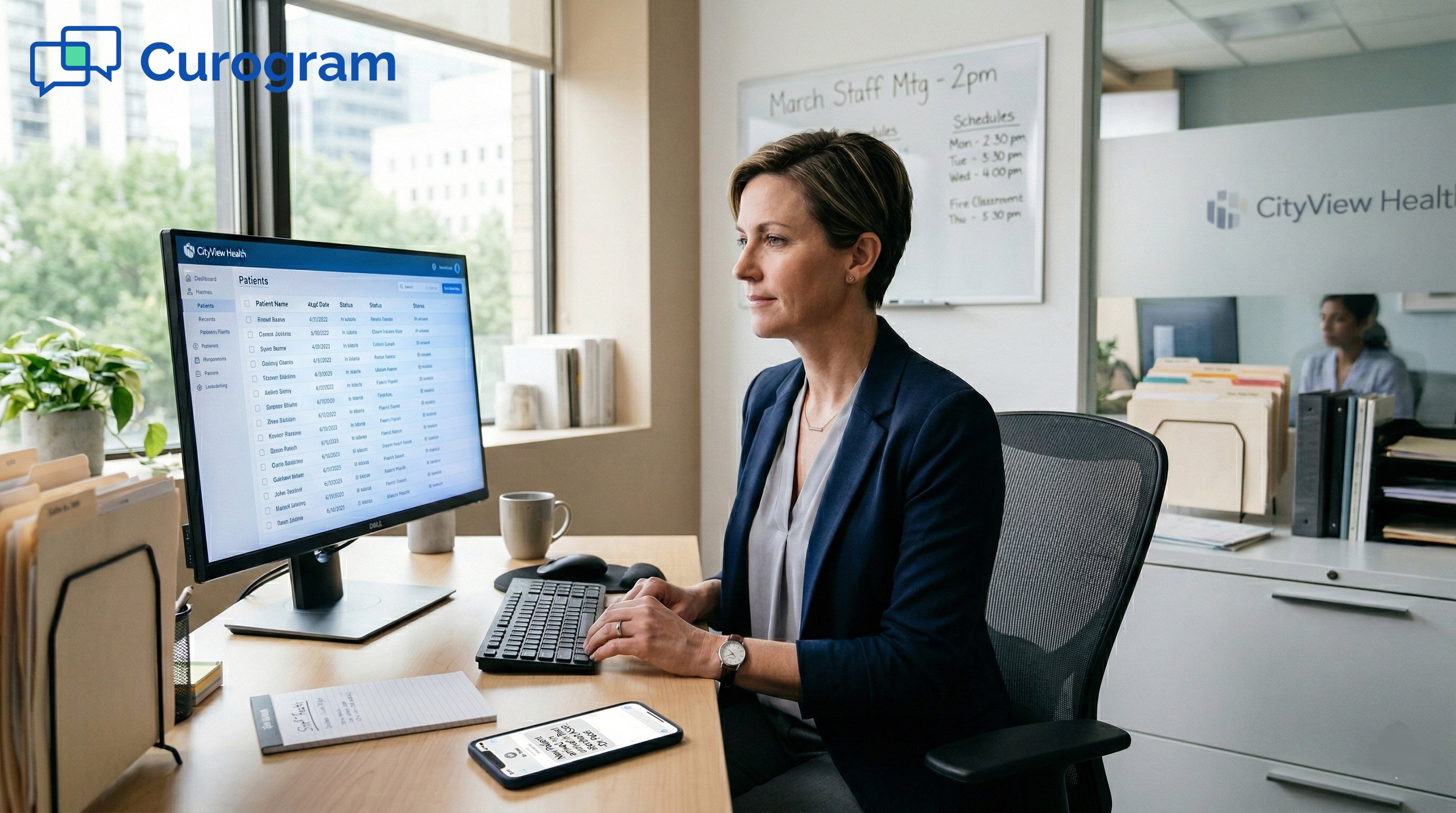 Medical practice administrator at modern desk looking at patient dashboard on monitor