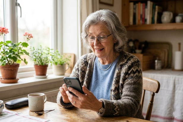 Senior patient with glasses at home smiling while looking at a smartphone screen