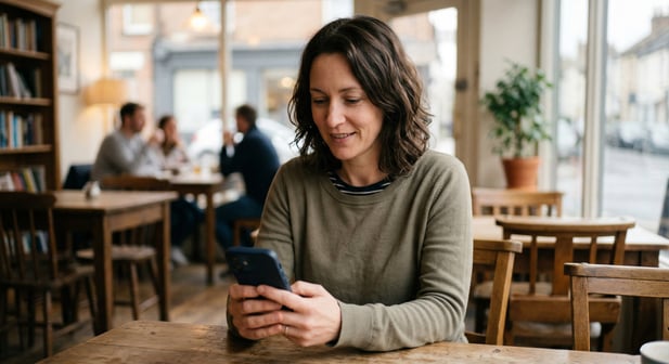 A casually dressed patient in a cafe reading a patient communication text message on their smartphone
