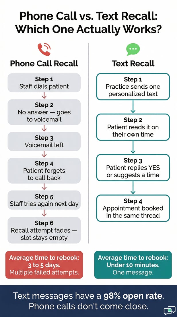 Infographic: Phone Call vs. Text Recall comparison for patient appointment booking