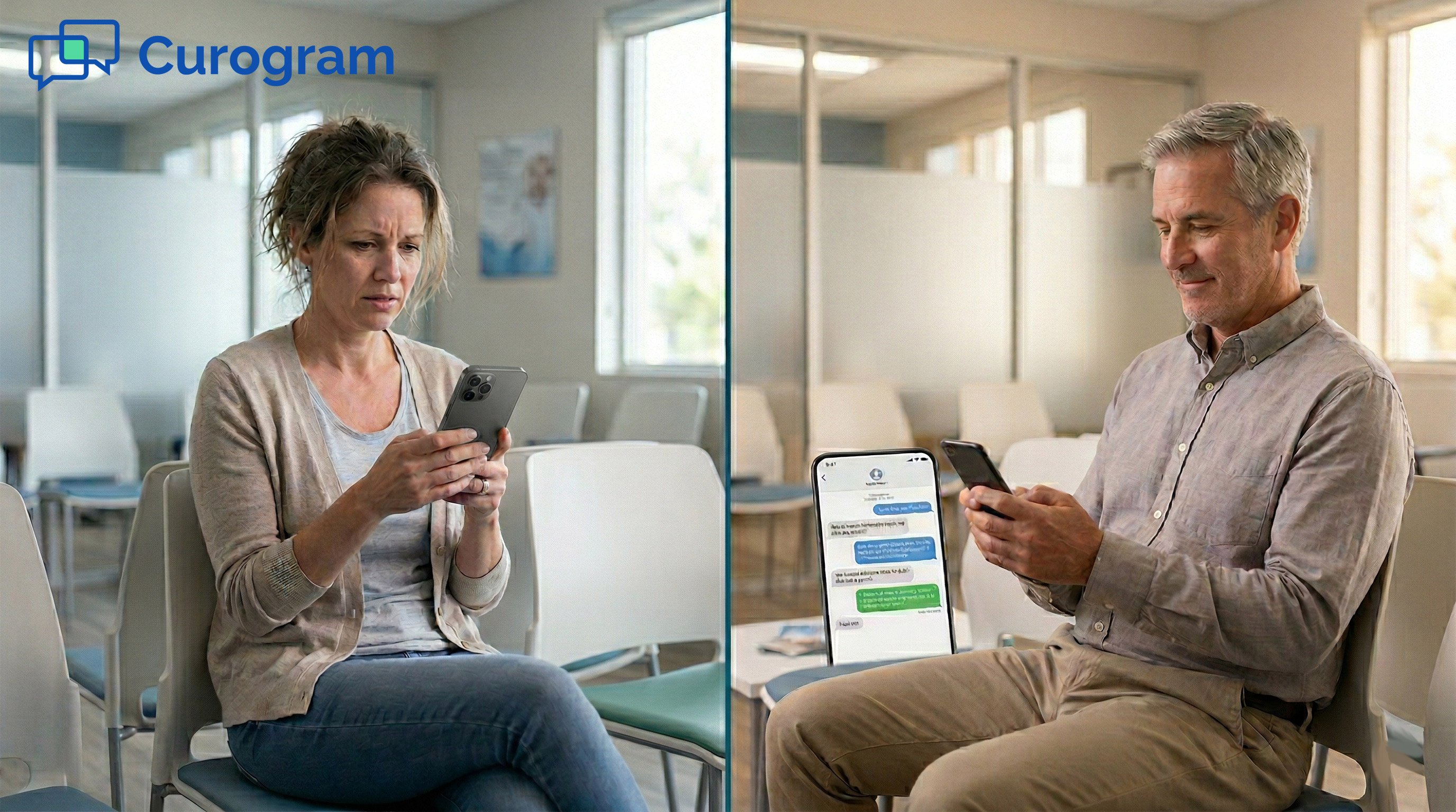 Frustrated patient on portal login versus relaxed doctor texting
