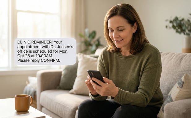 Patient happily reading an appointment reminder text message on her smartphone