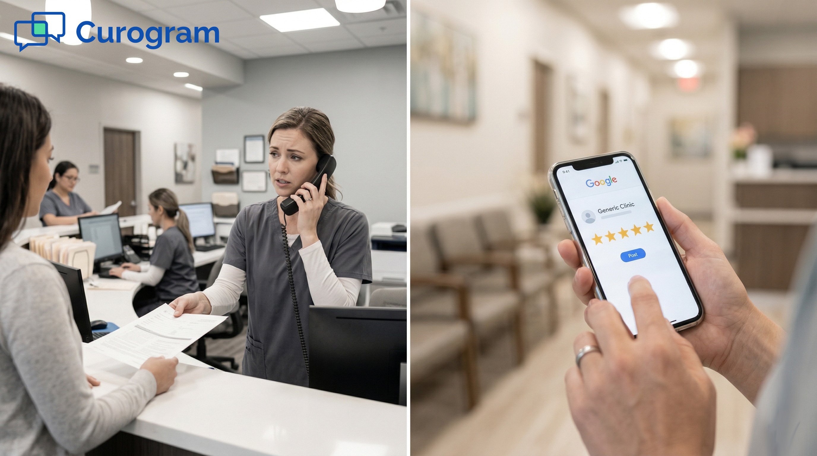 Side-by-side: Stressed clinic desk vs patient 5-star review