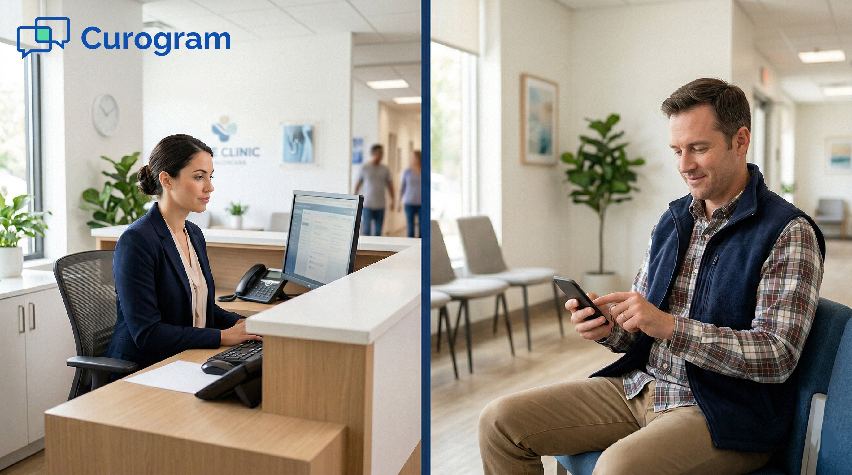 Medical clinic diptych: receptionist at work and a waiting patient on their phone