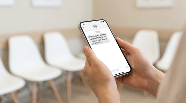 Close-up of a patient's hands holding a smartphone with a text review request