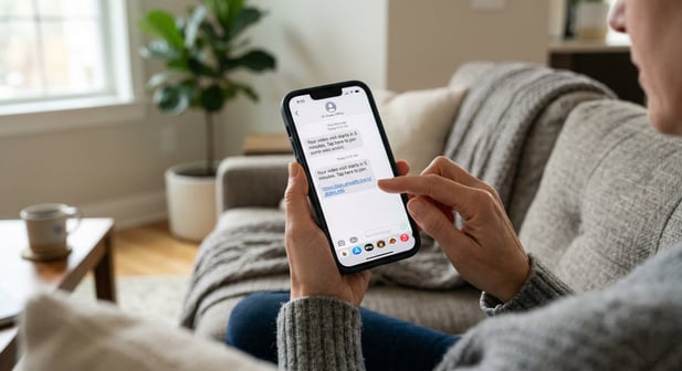 A close-up of a smartphone receiving a text about a virtual consultation