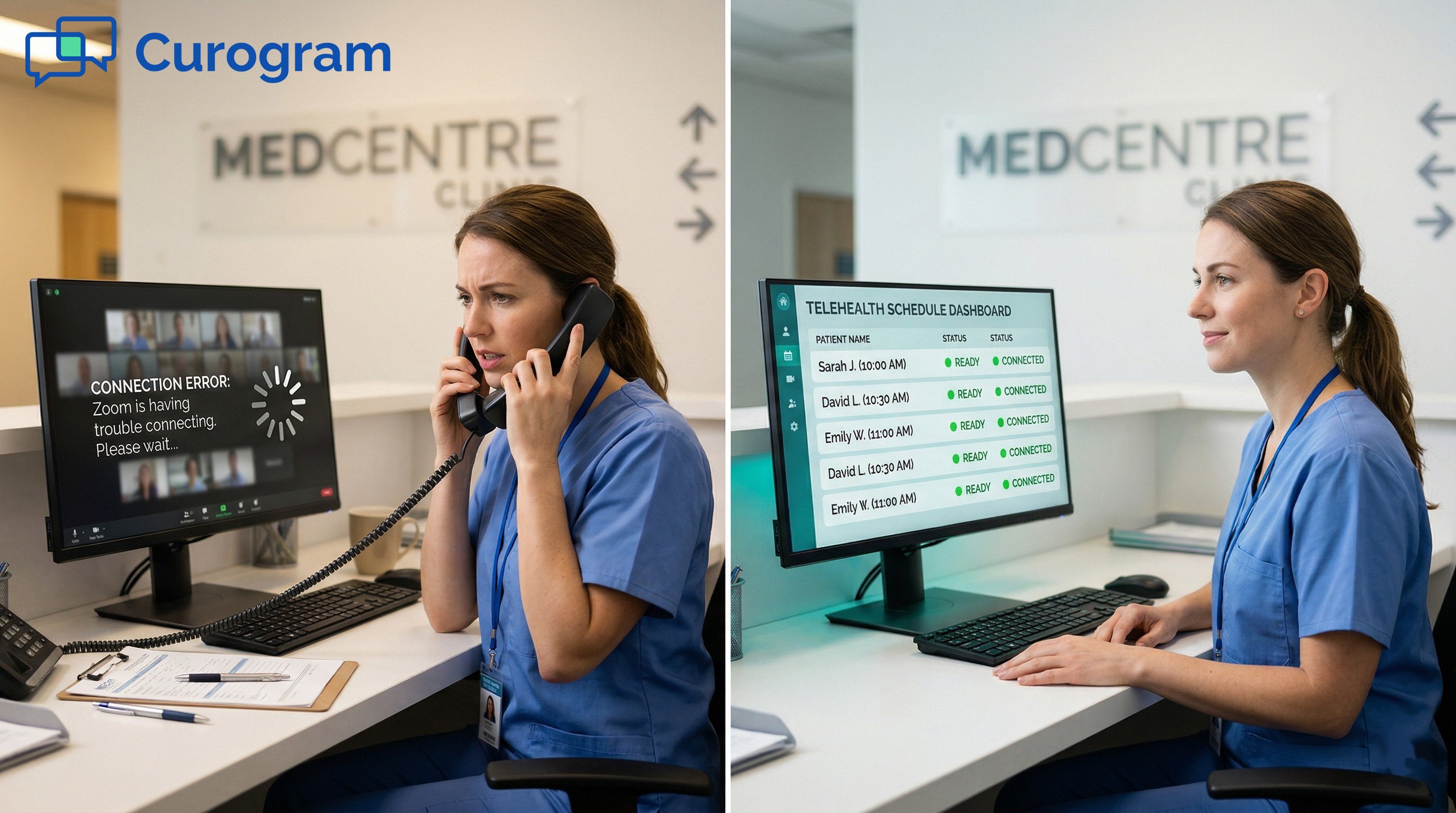 Diptych: Stressed receptionist (Zoom error) vs efficient telehealth dashboard