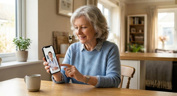 Senior woman pointing to a telehealth video call with a doctor on her smartphone