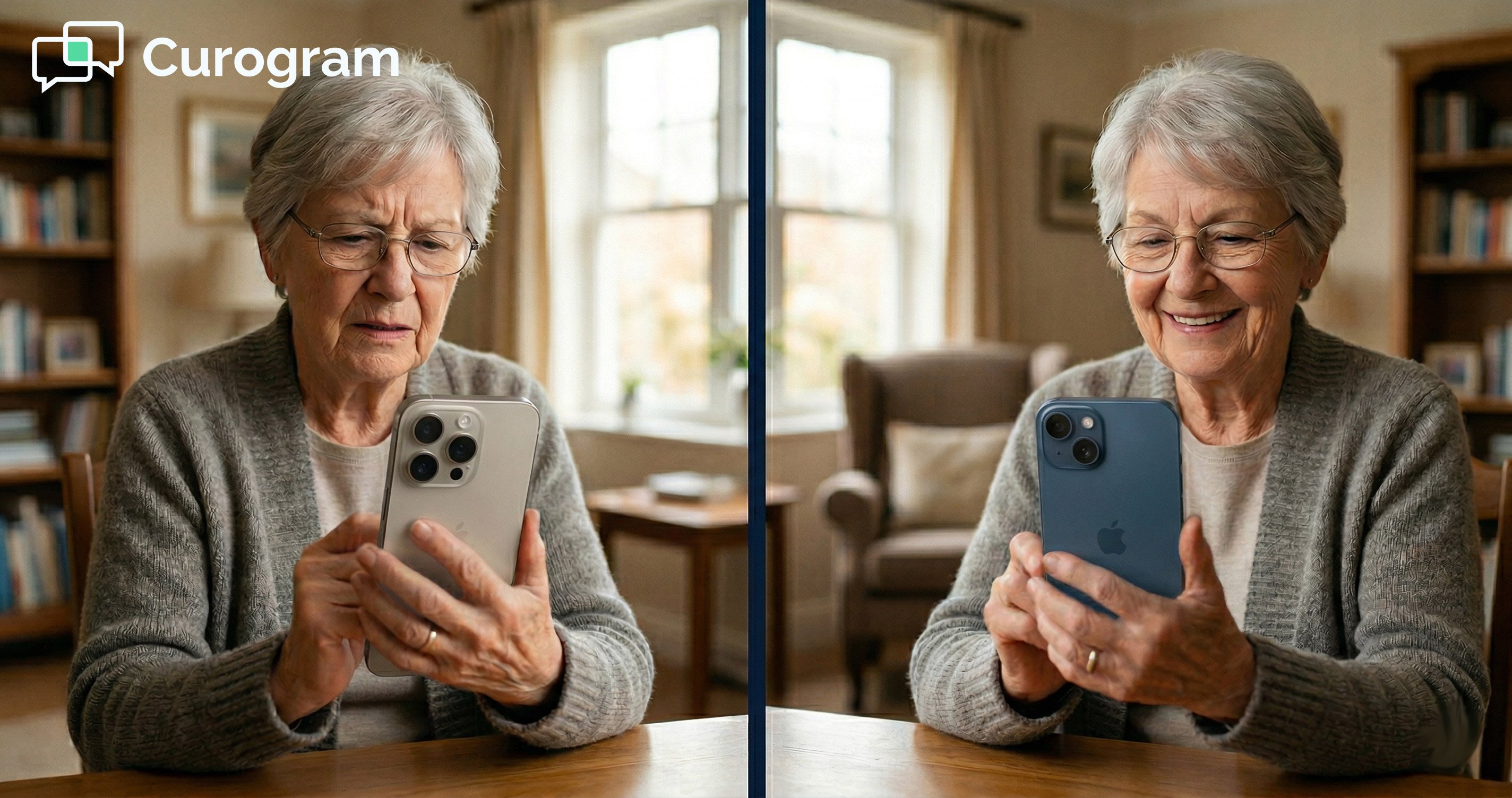Diptych comparing senior patient's app store confusion versus simple video call