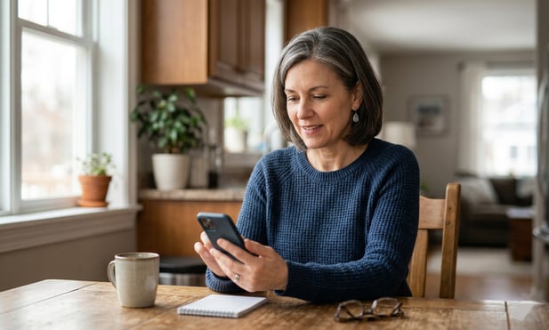 Senior patient on successful video call, smiling and comfortable