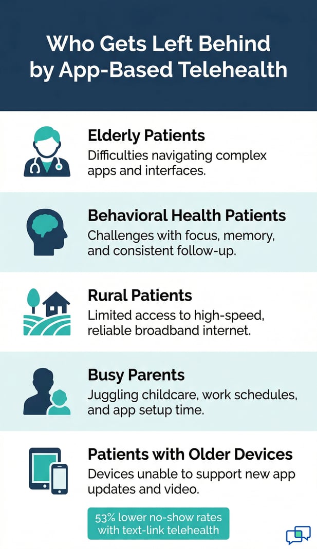 Telehealth infographic showing five patient groups at risk of being left behind.