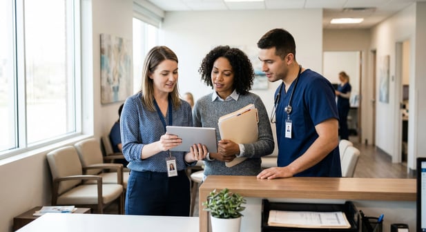Three diverse healthcare staff members in a bright office huddle, reviewing data on a tablet