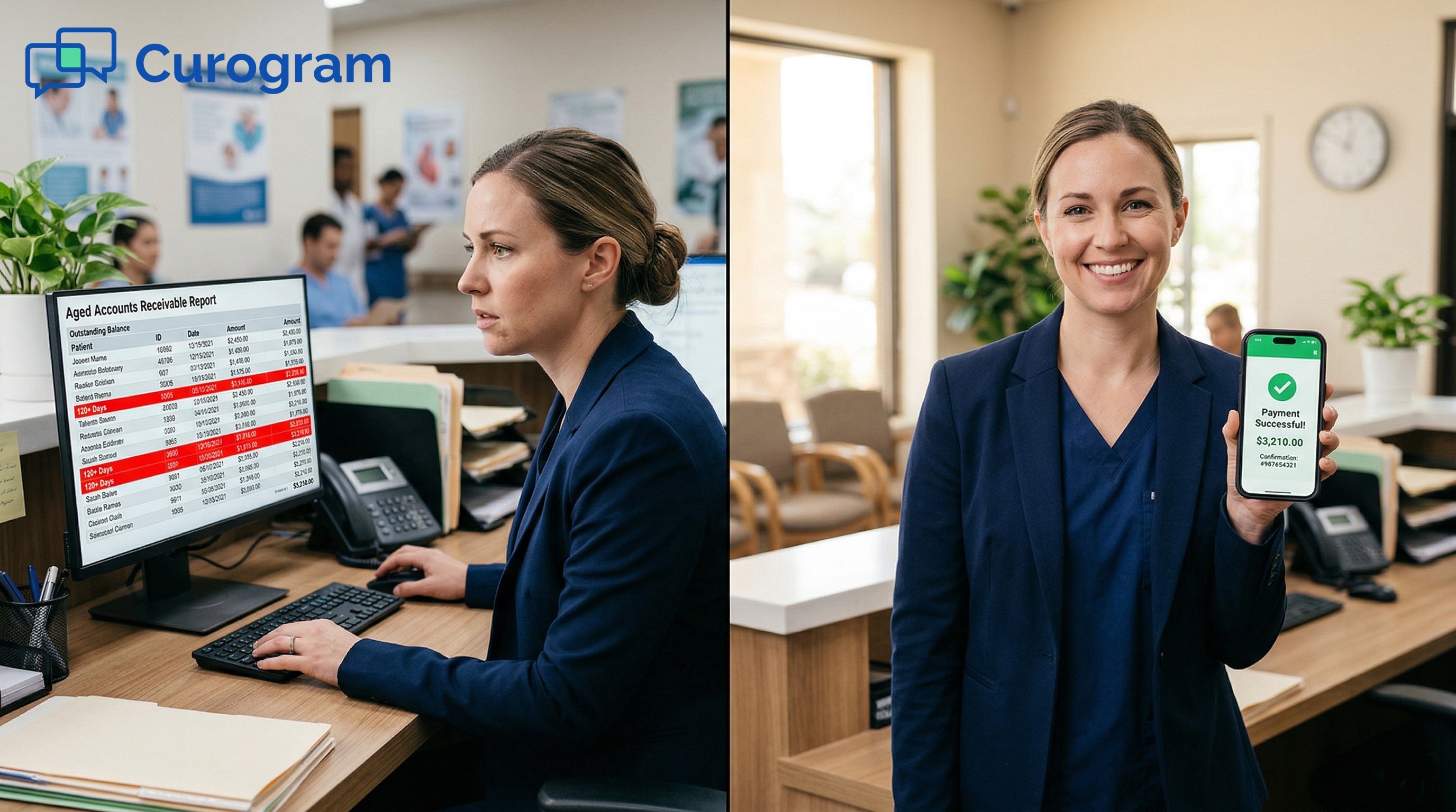 Medical staff worried about aged AR vs. smiling staff holding a smartphone showing successful payment