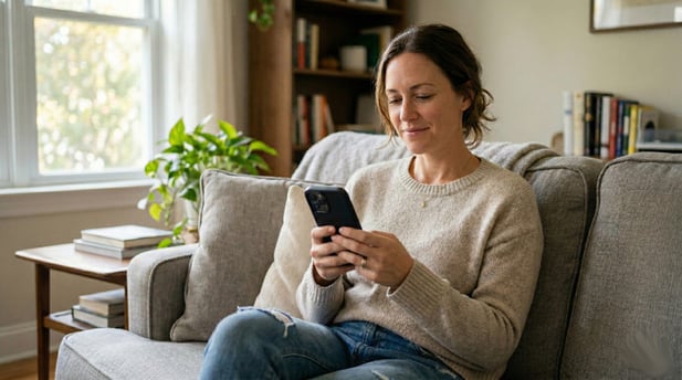 A smiling woman on a couch using her smartphone, highlighting the ease of text-to-pay solutions