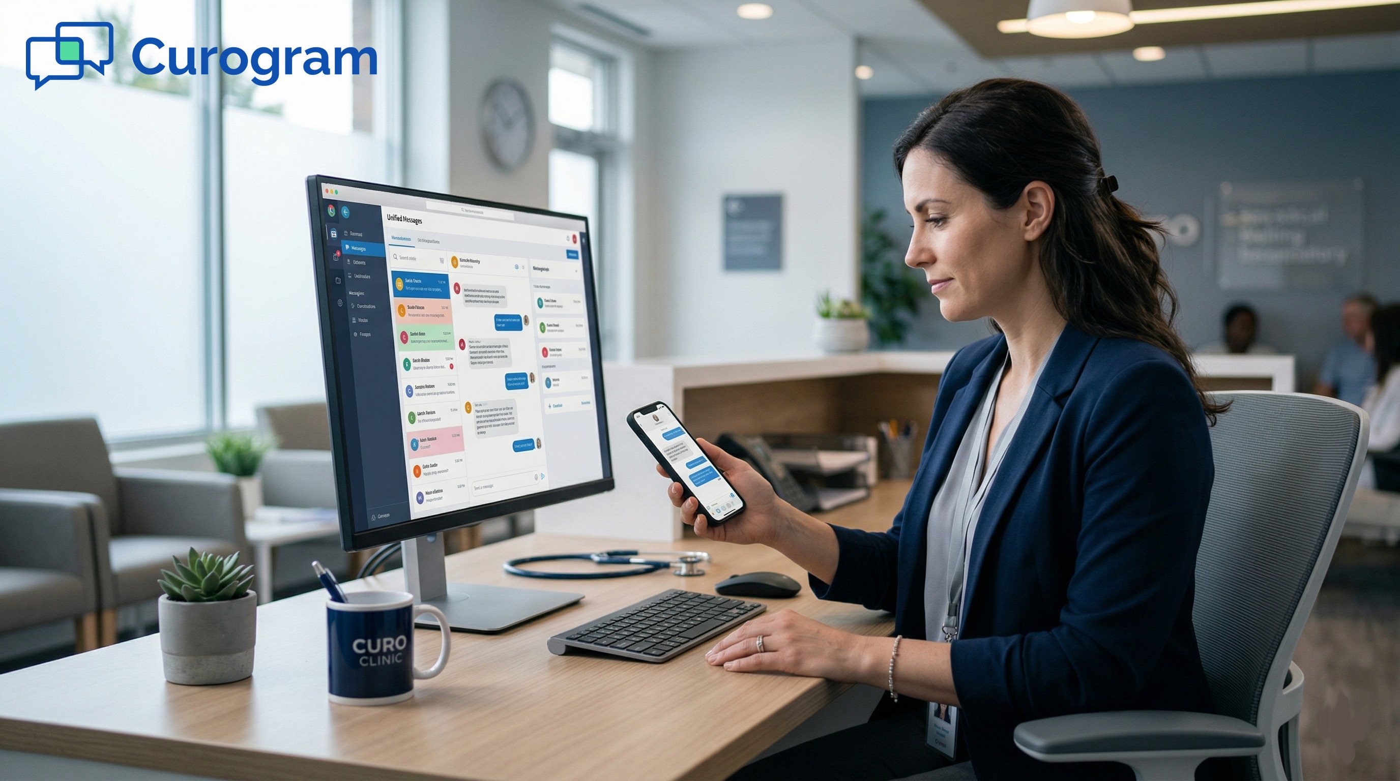 Competent medical office manager managing patient texts on a unified communications dashboard
