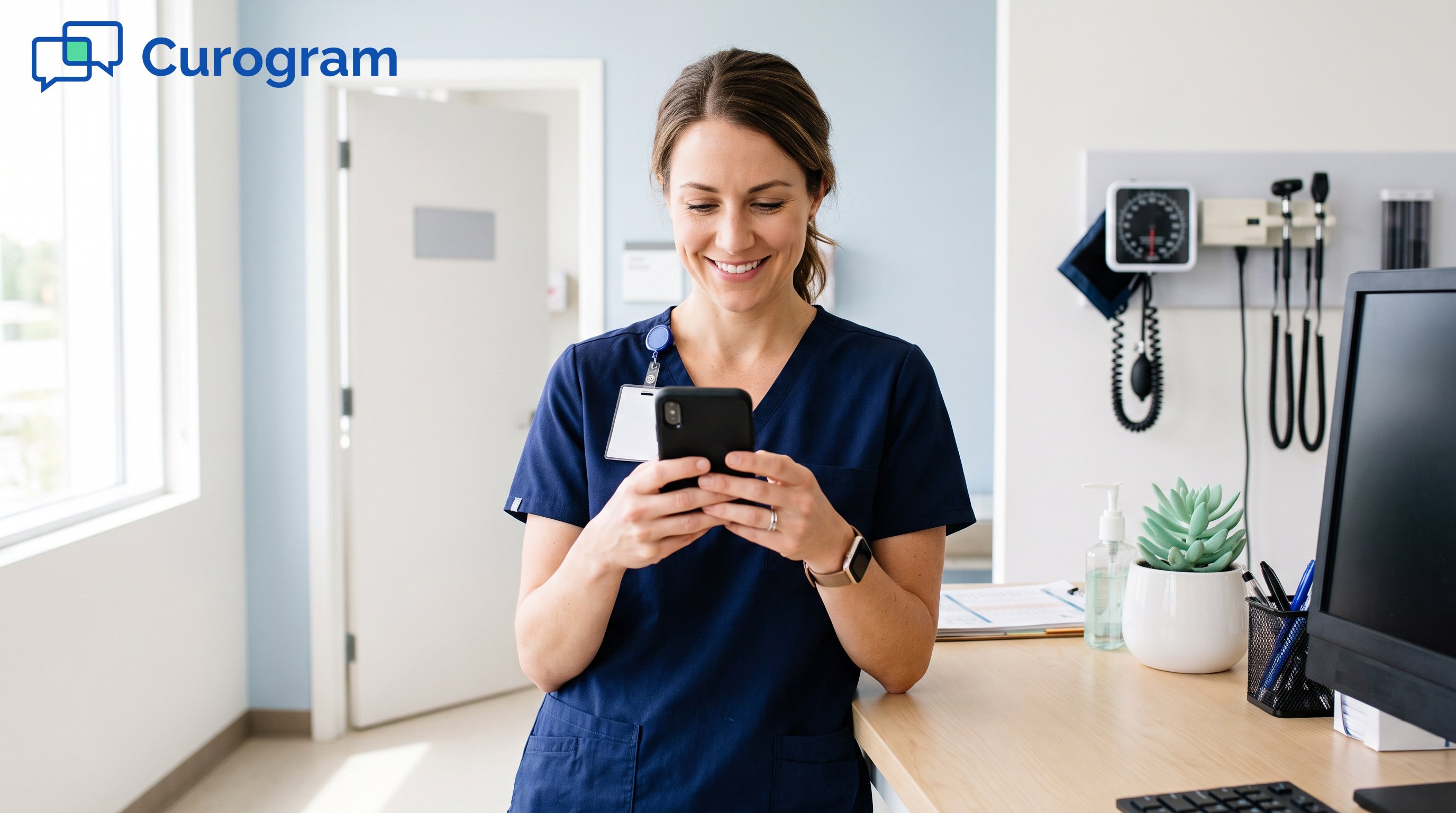 Nurse in navy scrubs checking patient messages on a smartphone at a clinic desk