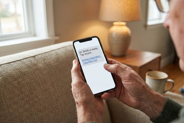 Close-up of senior hands holding a phone with a simple one-tap telehealth text message link