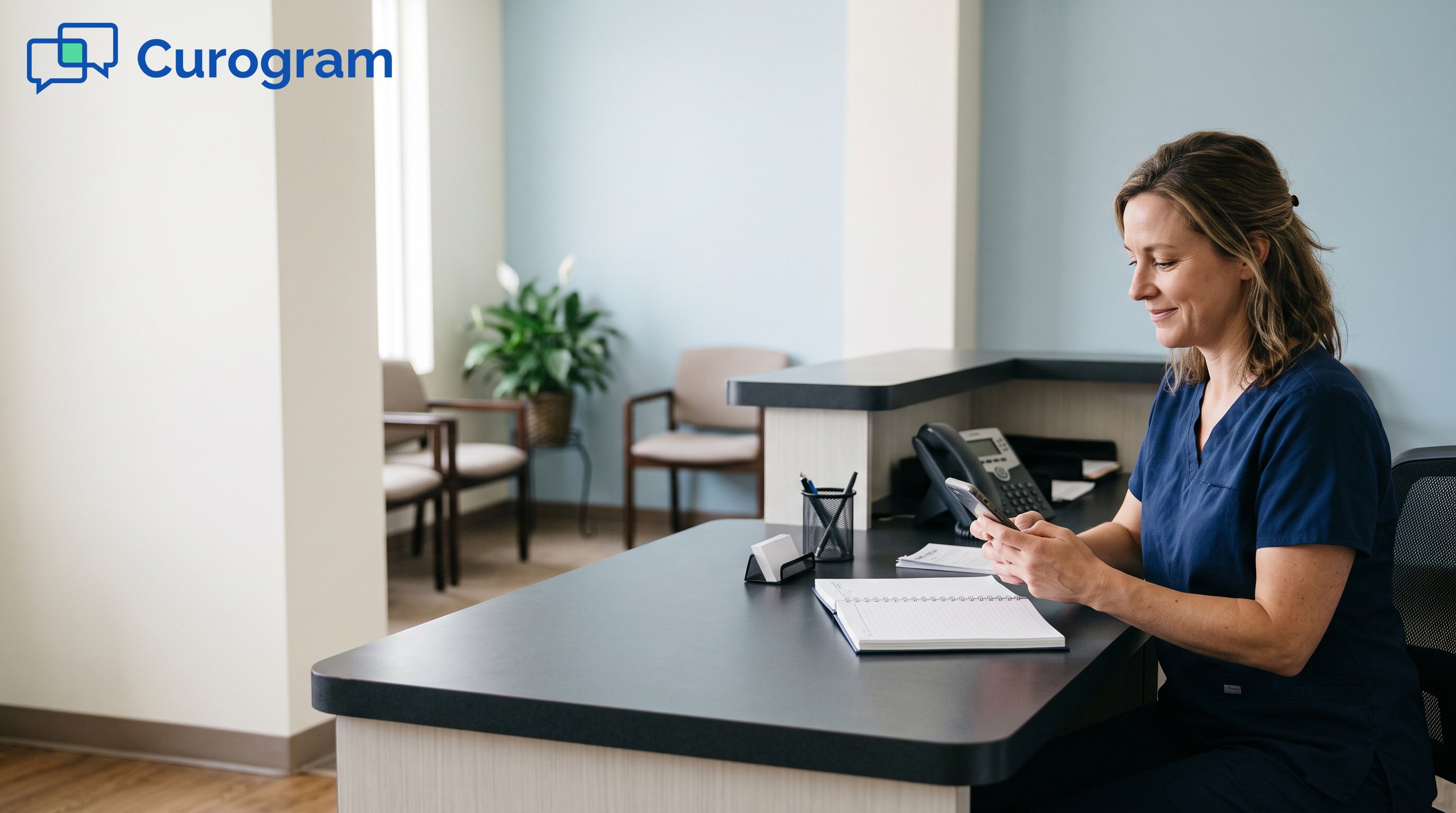 Front desk staff scrolling on a smartphone
