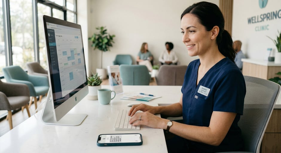 Medical receptionist confirming appointments on clinic desktop scheduling software