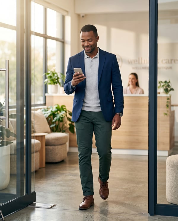 A client glances at their smartphone while arriving on time for an appointment