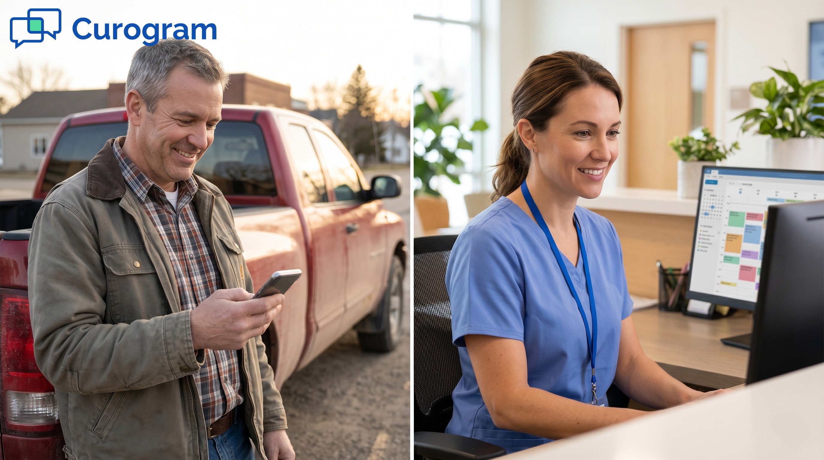 Rural patient and clinic staff smiling, illustrating seamless communication