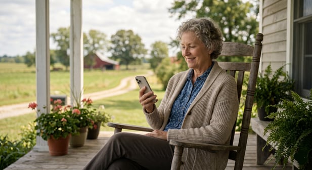 Smiling older patient uses smartphone on porch, showing easy reply