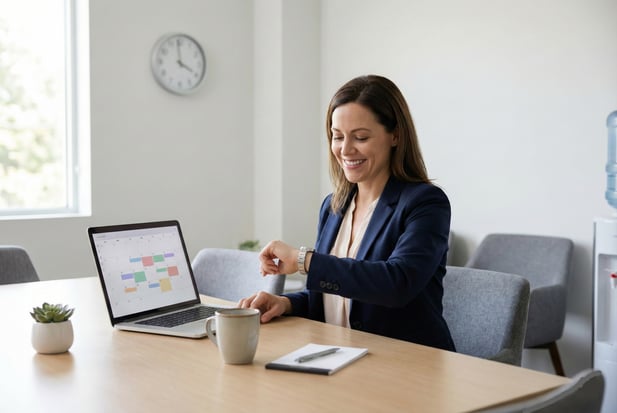 Healthcare administrator smiling while checking her watch, indicating time saved through automation