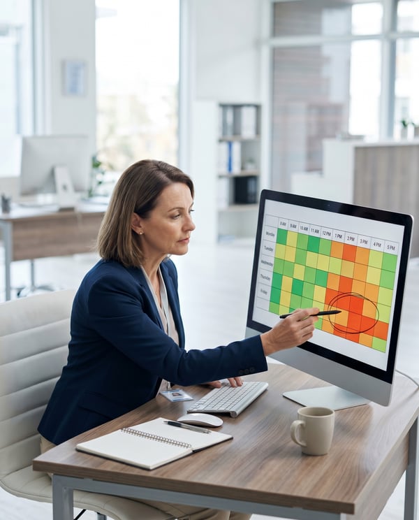 Healthcare manager analyzing Friday afternoon scheduling risks on a large heatmap monitor