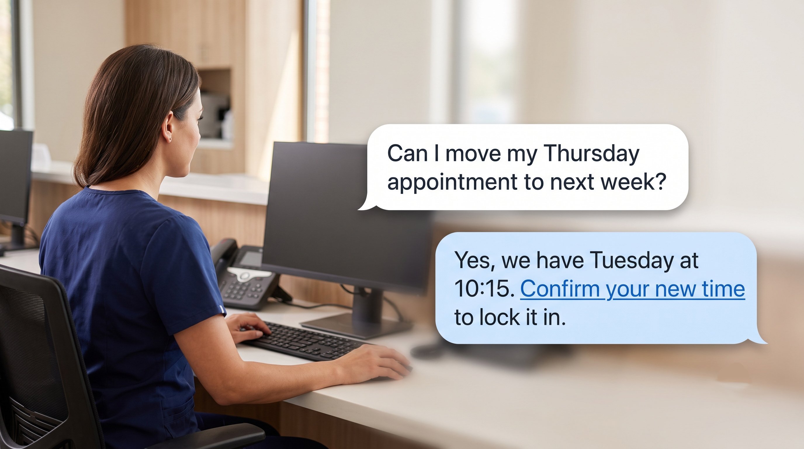 Clinic receptionist at workstation with text bubbles showing SMS appointment rescheduling