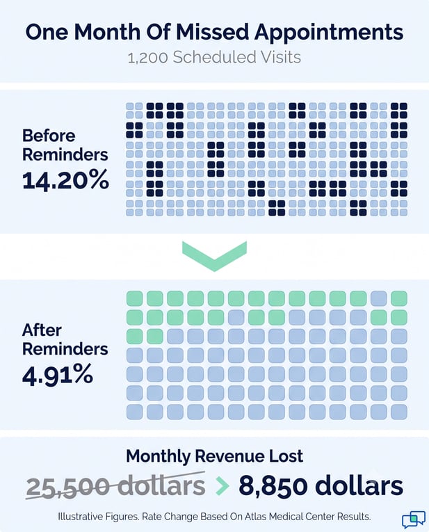Chart showing missed clinic appointment rates dropping from 14.2% to 4.9% with text reminders