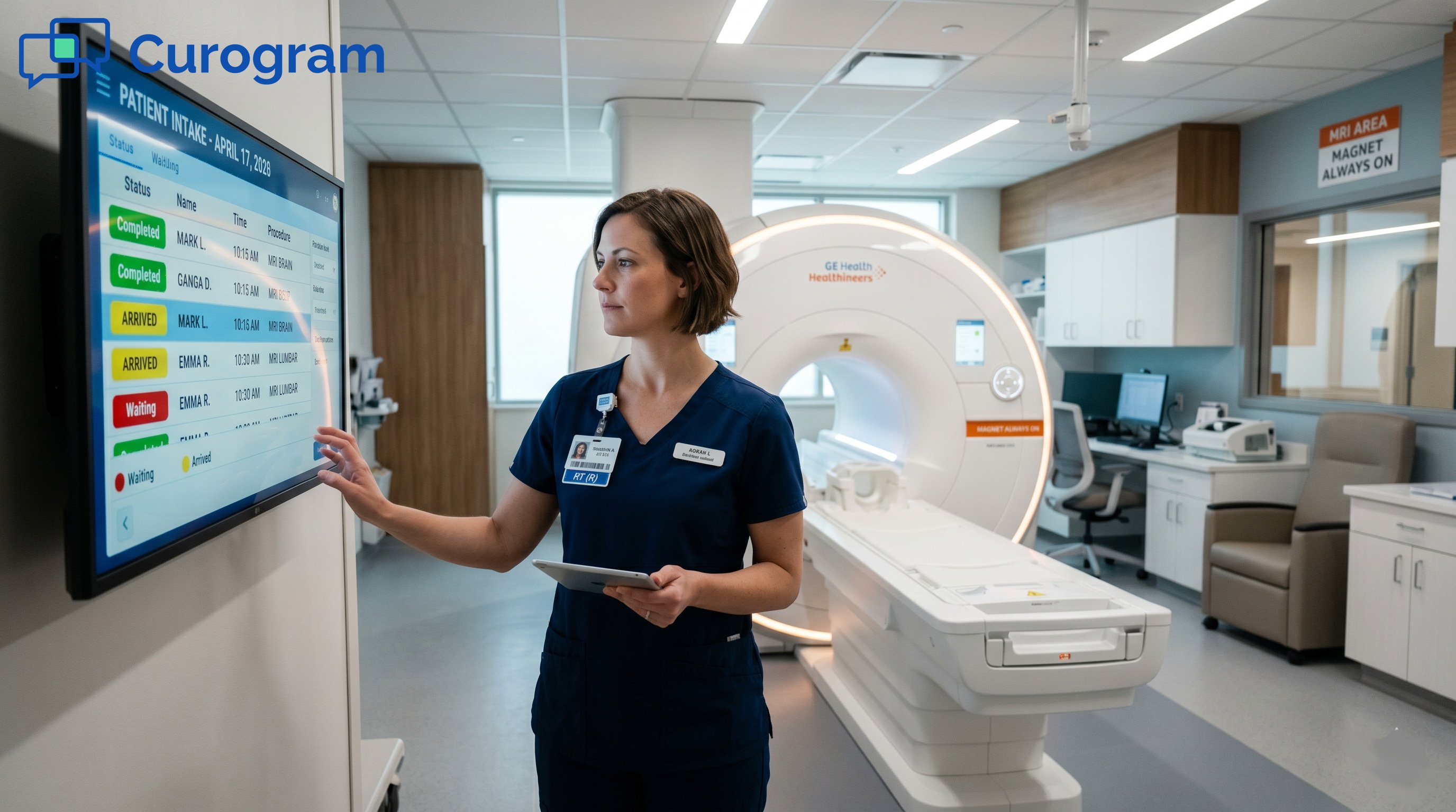 Radiology technologist uses digital patient intake system in modern MRI suite