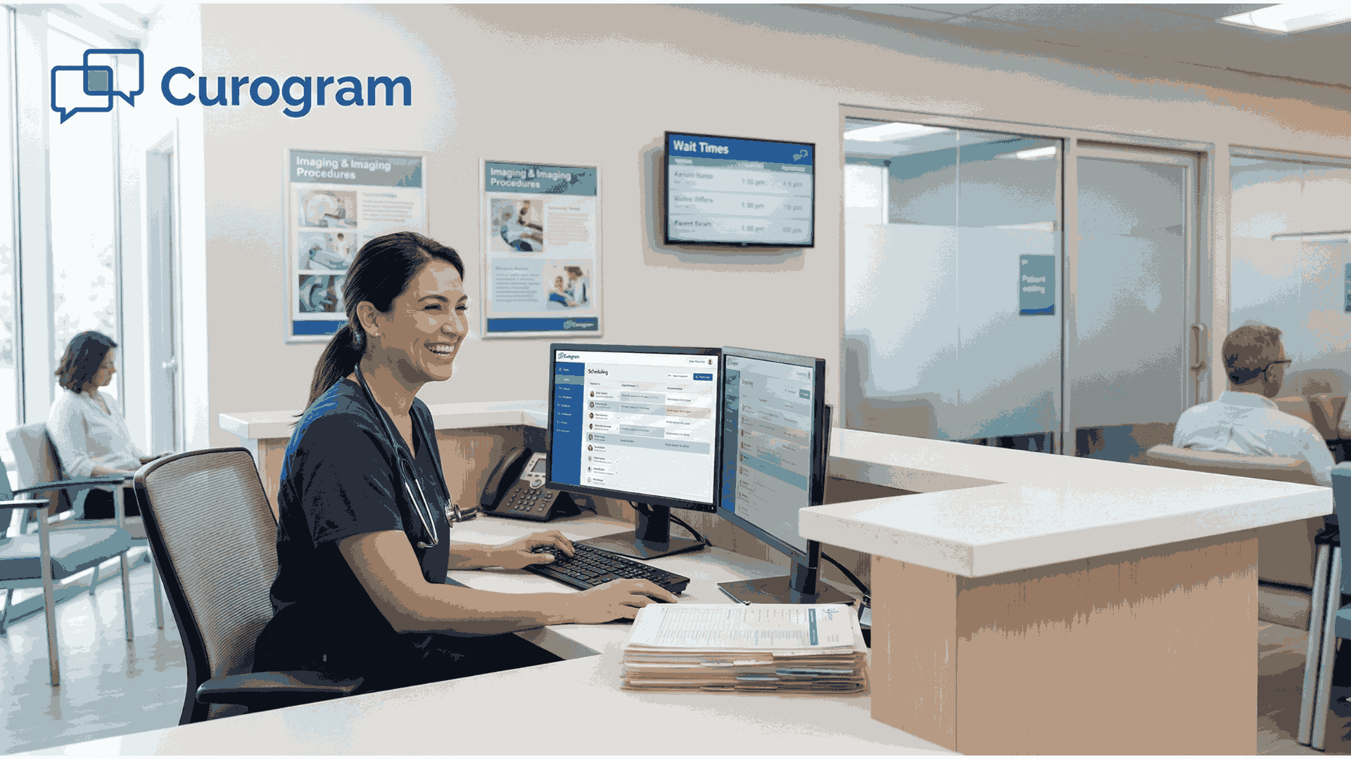 Medical receptionist managing automated patient notifications at imaging center